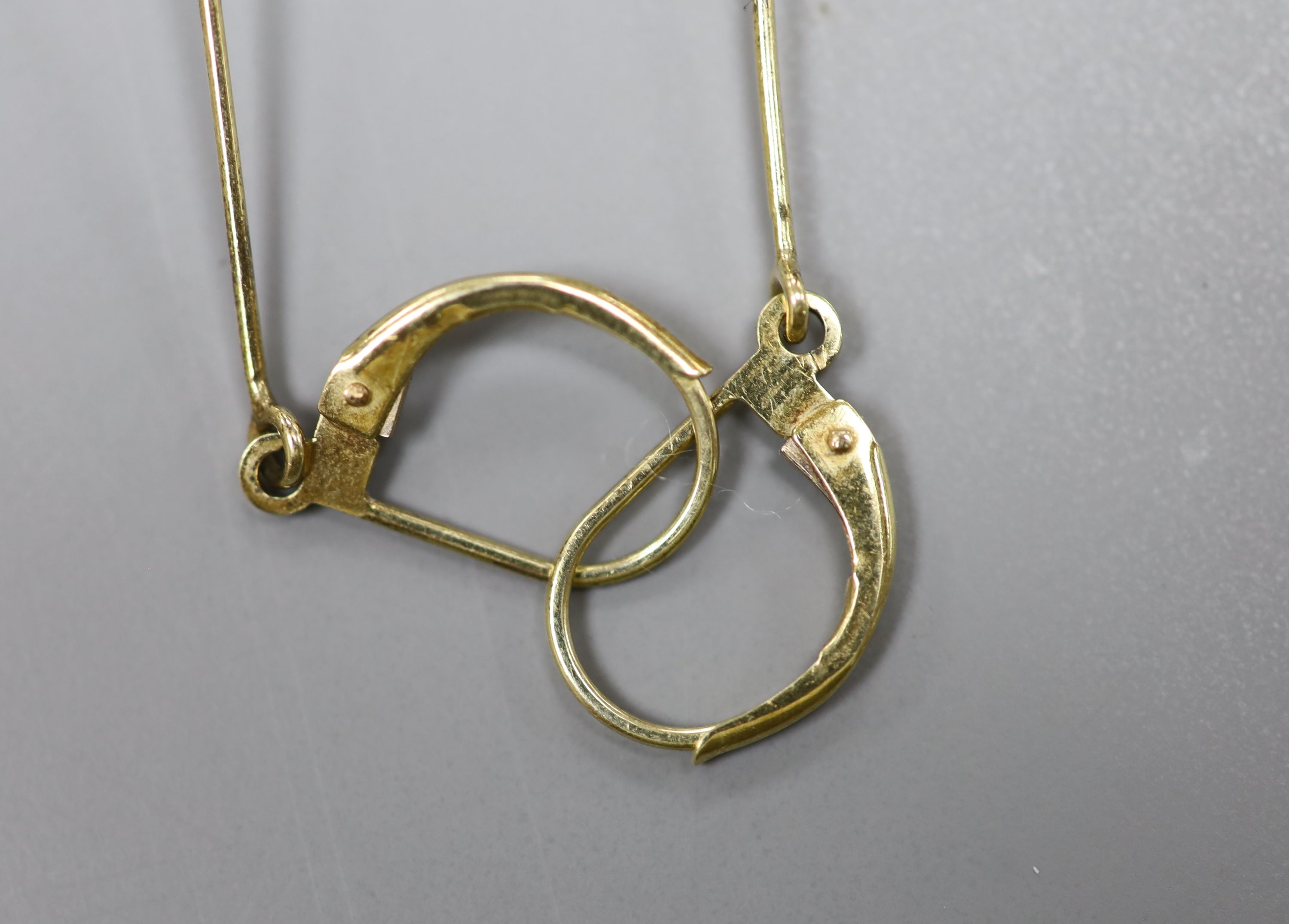 A pair of mid 20th century 585 yellow metal and simulated pearl set bar drop earrings